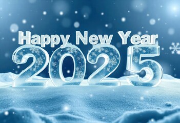 text 'Happy New Year 2025' in block letters made of ice, with snowflakes gently falling around it in a winter scene, ai
