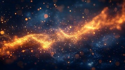 Glowing sparks and embers against deep blue background, intense golden light trail, flying sparks, fiery particles, abstract energy flow, copy space for text, panoramic view.