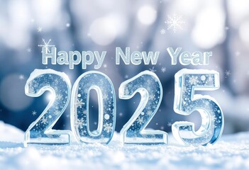 text 'Happy New Year 2025' in block letters made of ice, with snowflakes gently falling around it in a winter scene, ai