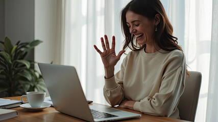 Happy Woman Video Chatting on Laptop with a Friendly Wave, Joyful Communication with a Smile