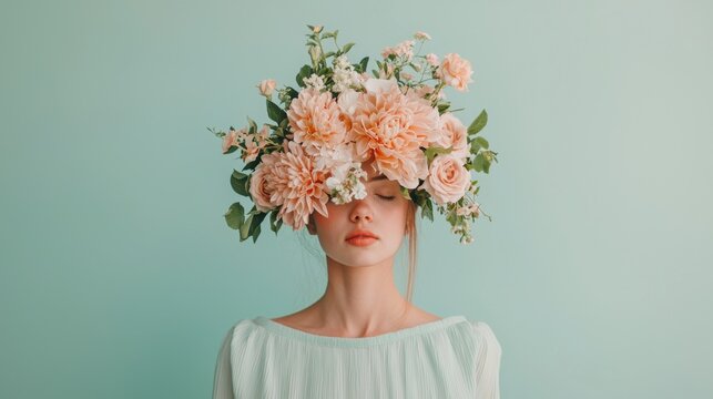 Woman with floral headpiece against a mint green backdrop, blending natural elegance and modern minimalism in serene portrait.