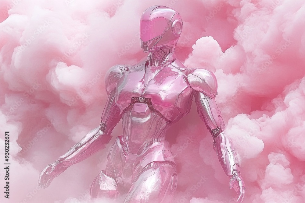 Aufkleber pink robotic figure emerging from clouds symbolizing the harmonious blend of technology and imaginat
