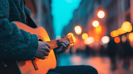 Fototapeta premium A musician plays guitar on a vibrant street, creating a soothing atmosphere amidst glowing lights and urban charm.