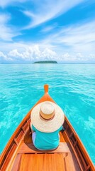 Fototapeta premium A travel vlogger enjoying a boat ride on a crystal-clear turquoise sea, with colorful coral reefs visible below and a tropical island in the distance, evoking a sense of paradise and escape