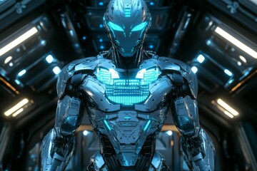 Futuristic warrior in a high tech suit symbolizing the convergence of human and AI in advanced digital battle environments