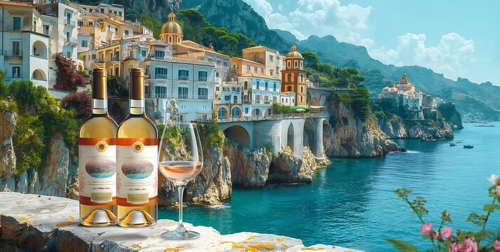 Promotional banner for wine brand featuring its white squirted into glass, with an advertisement showing several bottles, water glasses next to it, background italia