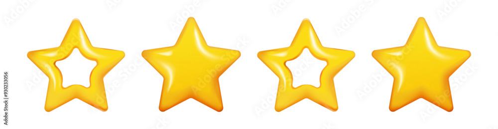 Poster different shape of 3d yellow stars. abstraction doodles. render. shiny. icon coin. vector. mark. des