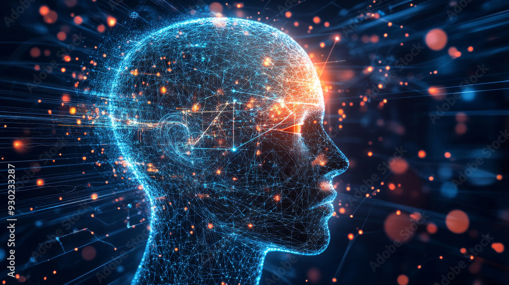 Poster artificial intelligence in a humanoid head with a neural network, processing and analyzing big data.