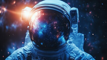 Close-up of an astronauts helmet reflecting a distant galaxy, detailed stars and cosmic dust, space