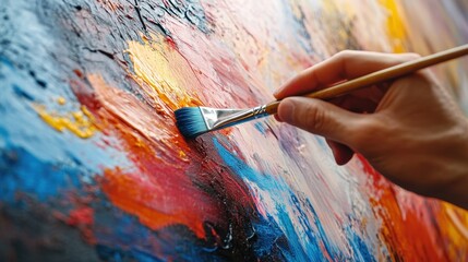 Close-up of an artist hand painting a vibrant abstract mural, splashes of color and detailed brushstrokes, urban setting