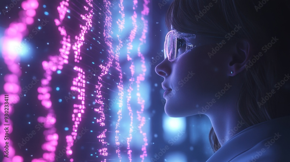 Poster digital illustration of a researcher analyzing complex data from integrated biotech and computer sys