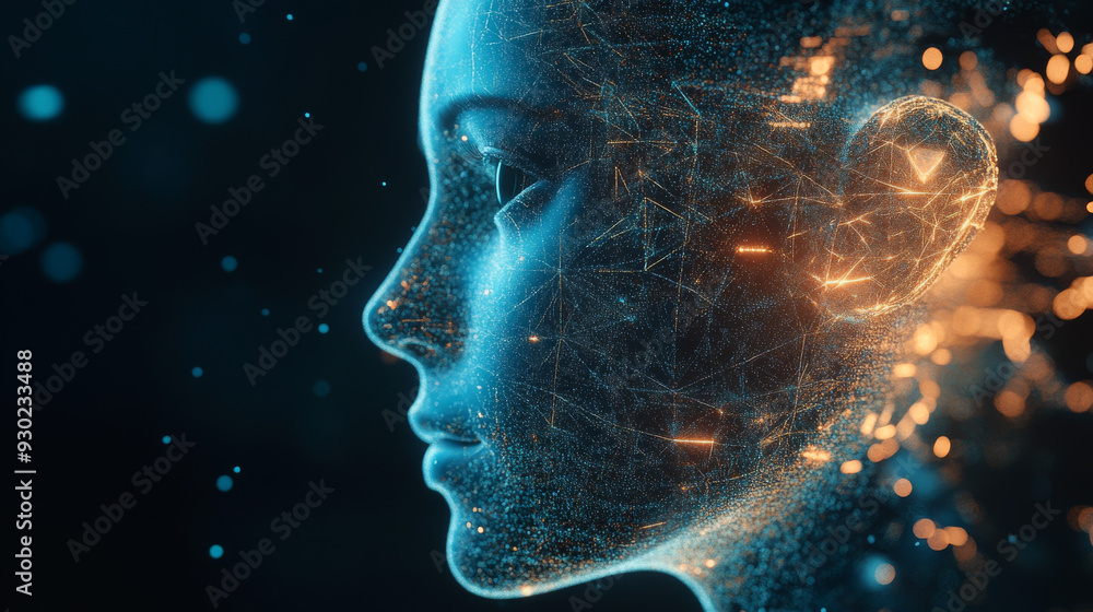 Poster artificial intelligence in a humanoid head with a neural network, processing and analyzing big data.