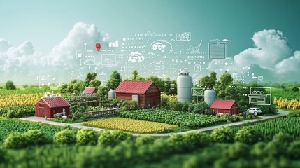 Digital illustration of a farm-to-table process, with smart devices tracking food from detailed farms to digitalized kitchens