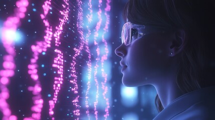 Digital illustration of a researcher analyzing complex data from integrated biotech and computer systems, focus on detailed gene sequences displayed 