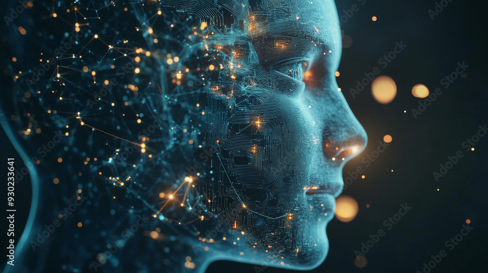 Poster artificial intelligence in a humanoid head with a neural network, processing and analyzing big data.