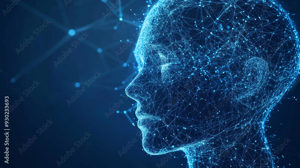 Poster artificial intelligence in a humanoid head with a neural network, processing and analyzing big data.