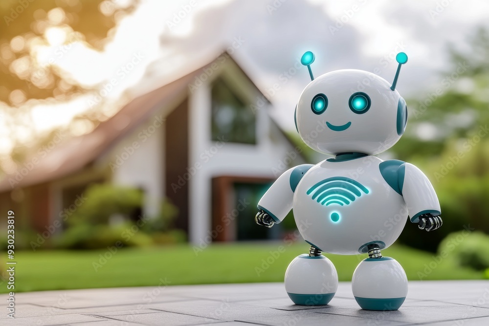 Poster cute robot with a wi fi symbol standing in front of a suburban home symbolizing the integration of a