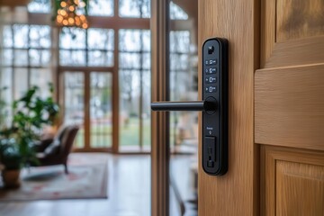Digital lock on a home office door, front view, focusing on security, advanced tone, splitcomplementary color scheme