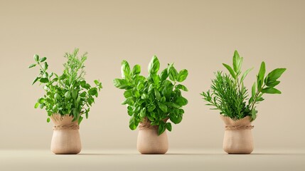 Fototapeta premium Potted fresh herbs in burlap planters