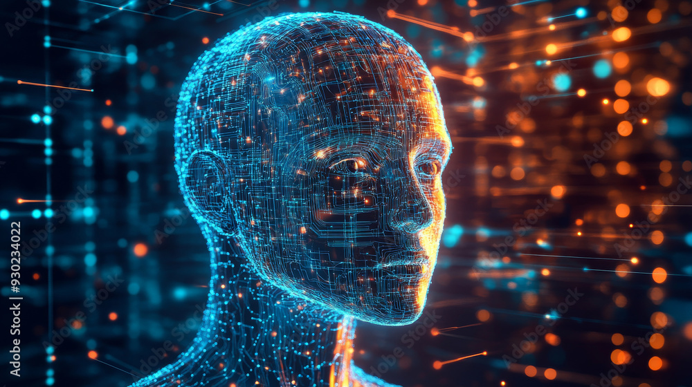 Poster artificial intelligence in a humanoid head with a neural network, processing and analyzing big data.
