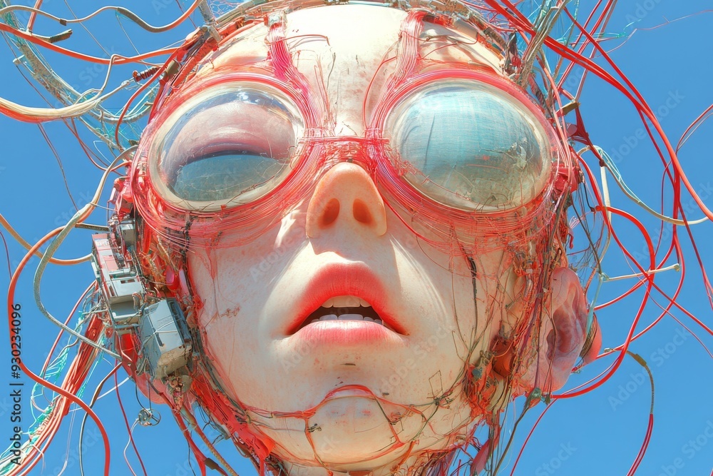 Poster surreal head with tangled wires and digital glasses symbolizing the complexity and depth of modern d