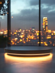 3D rendering of a podium product displayed at night, with city lights in the background creating a dynamic ambiance, and focused light on the product. copy space , ai