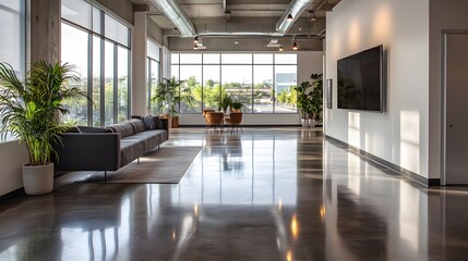 Fototapeta premium Modern bright office interior, open floor plan, glass partition walls, polished concrete floors, minimalist furniture, large windows, natural light flooding in, sleek TV on white wall.
