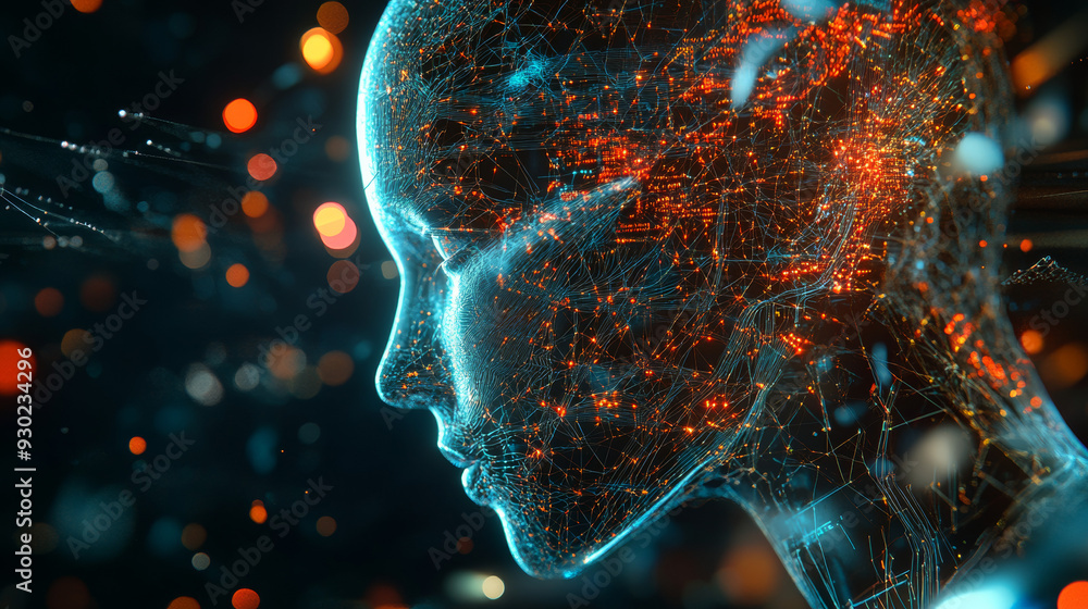 Poster artificial intelligence in a humanoid head with a neural network, processing and analyzing big data.