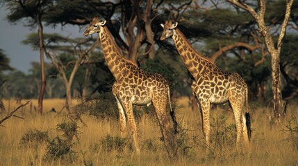 Obraz premium Giraffes tower over savannas, with long necks adapted for reaching leaves high in trees.