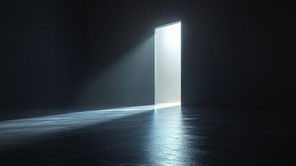 A dark room with a door that is open to let in light