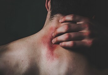 Fototapeta premium A man_s hand holds a red itchy scar on his back