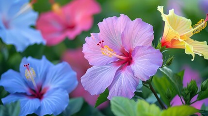 Hibiscus flowers brighten tropical landscapes with their vibrant hues.