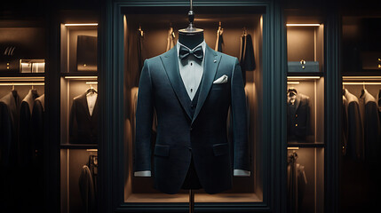 A complete midnight black-colored wedding suit, including a tailored jacket.