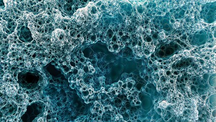 Cellular Maze. Abstract blue-toned image of interconnected circular structures resembling cells or foam, creating a complex maze-like pattern.