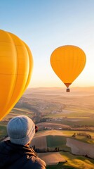 A travel vlogger capturing a sunrise from a hot air balloon, floating above a landscape of rolling hills and scattered villages, symbolizing the freedom and wonder of travel