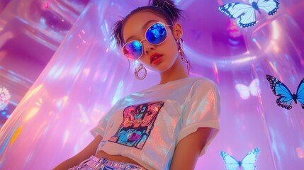 A chic model flaunts a Y2K look with a metallic mini skirt, butterfly tee, and chunky sandals.