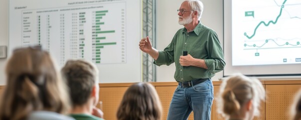 Economy lesson. Experienced professor delivering lecture to classroom of attentive students, using data charts and graphs projected on screen to illustrate key points