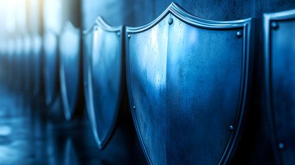 Fototapeta premium Close-up of a row of metal shields, representing concepts of security, protection, and defense in a symbolic and abstract manner. 