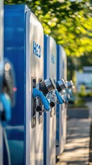 Hydrogen fuel tanks are lined up at a charging station under bright sunlight and trees