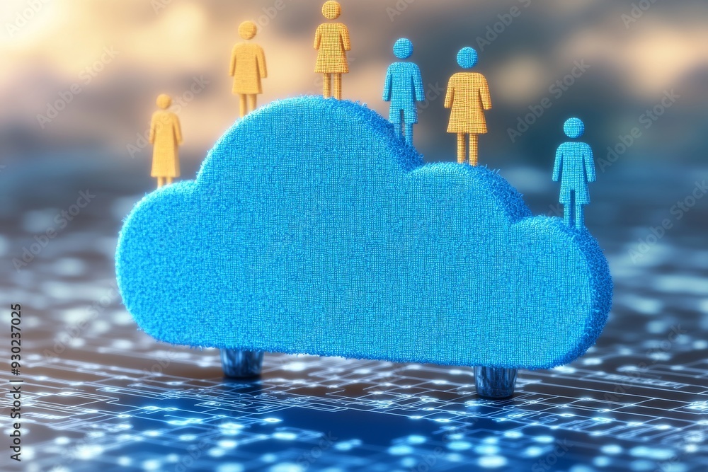 Poster team of miniature people standing on a blue cloud icon symbolizing the collaborative power and acces