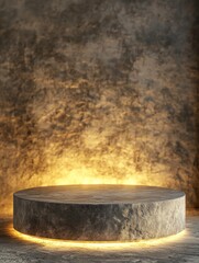 3D rendering of a podium product on a textured stone surface, with warm golden lighting to create a welcoming atmosphere. copy space, ai