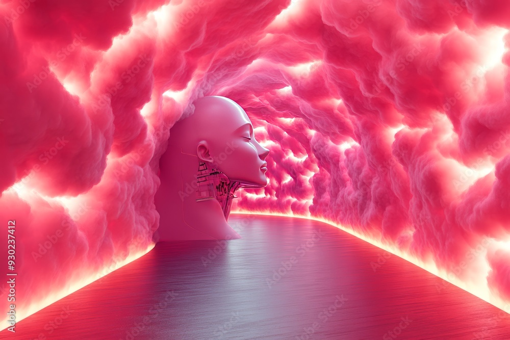 Poster surreal corridor filled with pink clouds and abstract shapes symbolizing the imaginative and creativ