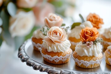 Elegant cupcakes topped with floral decorations on a silver platter at a wedding reception