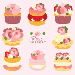 Dessert made from roses, flat and colorful illustration.