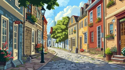Fototapeta premium Illustrate a cobblestone road in an old town, with historic buildings and narrow pathways, capturing the charm of a bygone era.