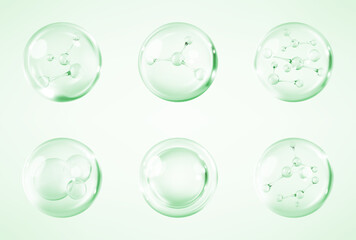 Molecules inside bubbles on green background. Collagen serum bubble. Cosmetic essence. Concept skin care cosmetics solution. Vector 3d illustration
