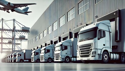 Naklejka premium Freight transportation center featuring parked trucks and a plane in the sky.
