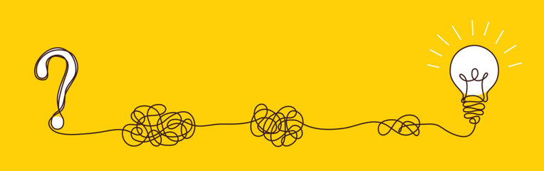 Light bulbs with confused concept of chaos. Complex way from start to idea. Tangle clarity or path in hand drawn style. Vector illustration