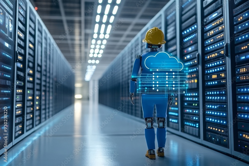 Aufkleber solitary worker inspecting servers in a high tech data center representing the human role in maintai