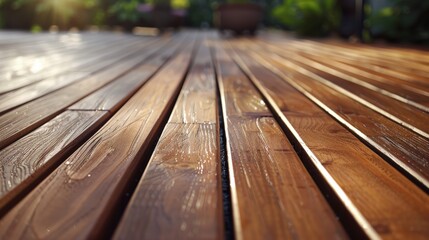 Close-up of gleaming wood decking in a sunlit garden setting